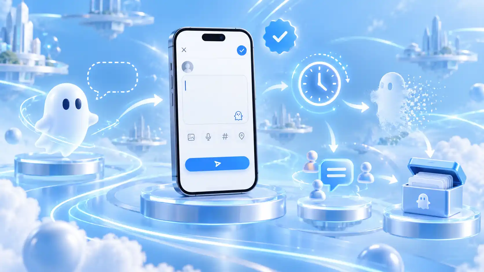 Illustration of a Threads ghost post workflow with a ghost icon, 24-hour timer, replies, and archive concept.