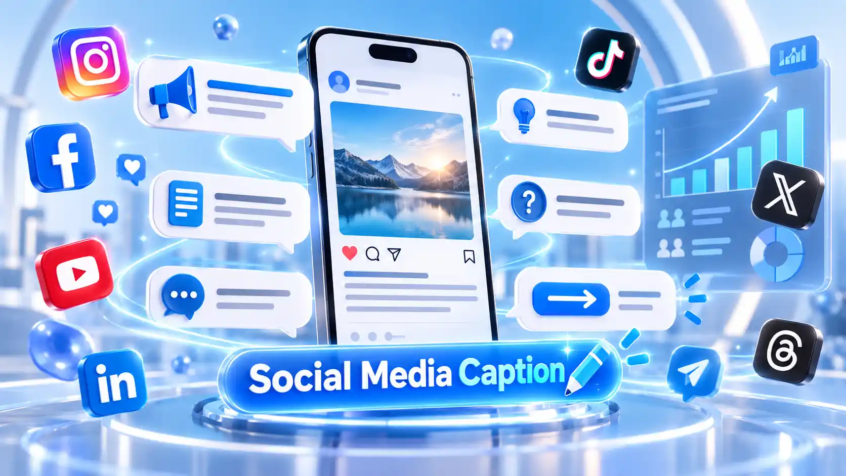 Social media caption writing with engagement and analytics icons